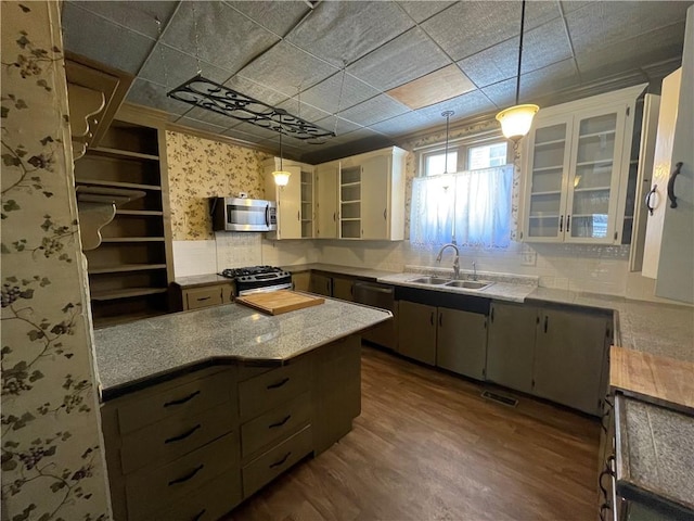 kitchen featuring light stone countertops, sink, dark hardwood / wood-style flooring, pendant lighting, and appliances with stainless steel finishes