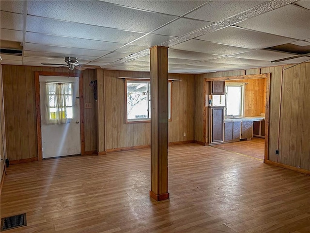 interior space with wood finished floors, visible vents, and wooden walls