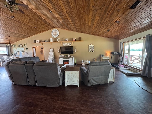 6414 300th Rd, Martinsville, IL 62442 - living area featuring wooden ceiling, vaulted ceiling, and a chandelier