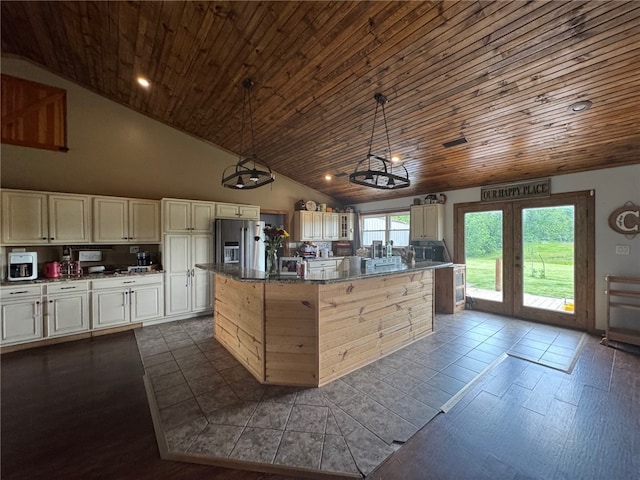 6414 300th Rd, Martinsville, IL 62442 - kitchen with stainless steel fridge with ice dispenser, wood ceiling, high vaulted ceiling, a center island, and dark stone counters