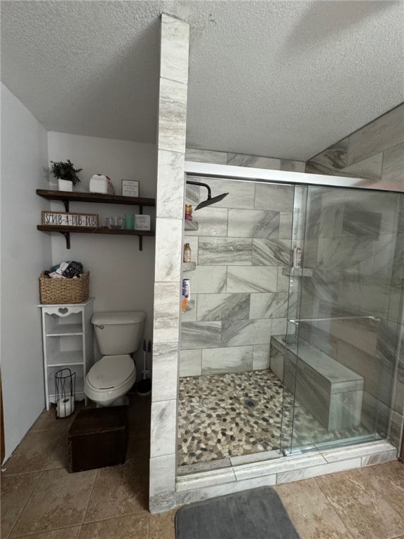 6414 300th Rd, Martinsville, IL 62442 - bathroom featuring toilet, a textured ceiling, and a stall shower