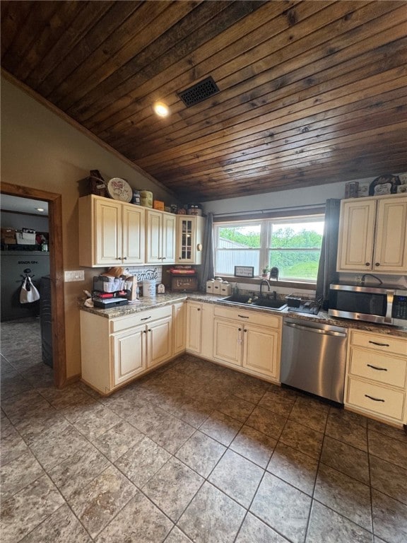 6414 300th Rd, Martinsville, IL 62442 - kitchen featuring appliances with stainless steel finishes, wooden ceiling, a sink, glass insert cabinets, and dark tile patterned floors