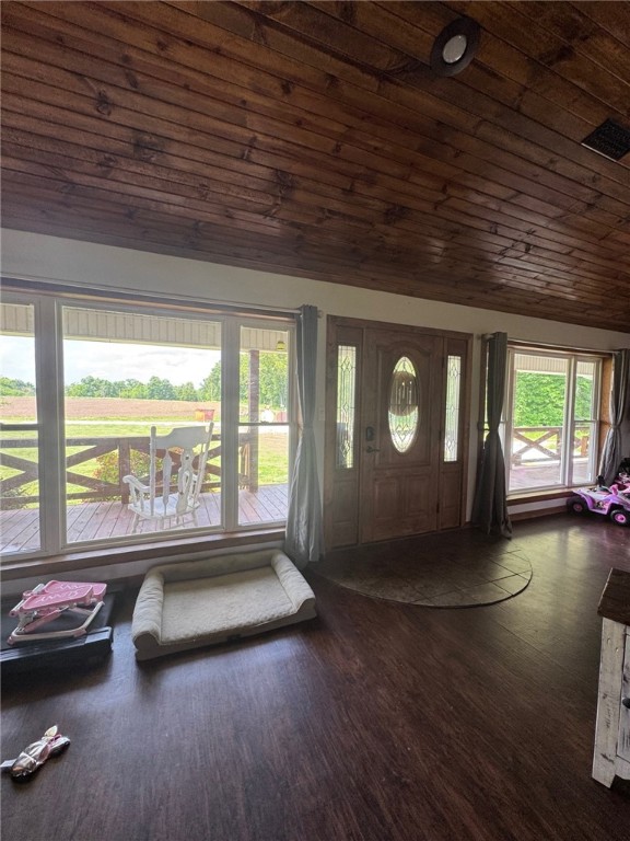 6414 300th Rd, Martinsville, IL 62442 - entrance foyer featuring dark wood-style floors, wood ceiling, and lofted ceiling