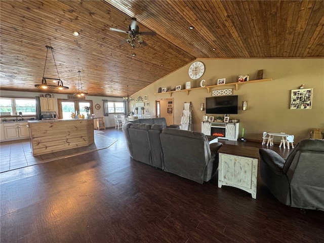 6414 300th Rd, Martinsville, IL 62442 - living room with healthy amount of natural light, wooden ceiling, vaulted ceiling, dark wood-style flooring, and a ceiling fan