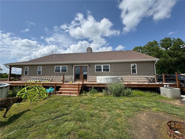 6414 300th Rd, Martinsville, IL 62442 - back of house with french doors, a wooden deck, a yard, central air condition unit, and a chimney