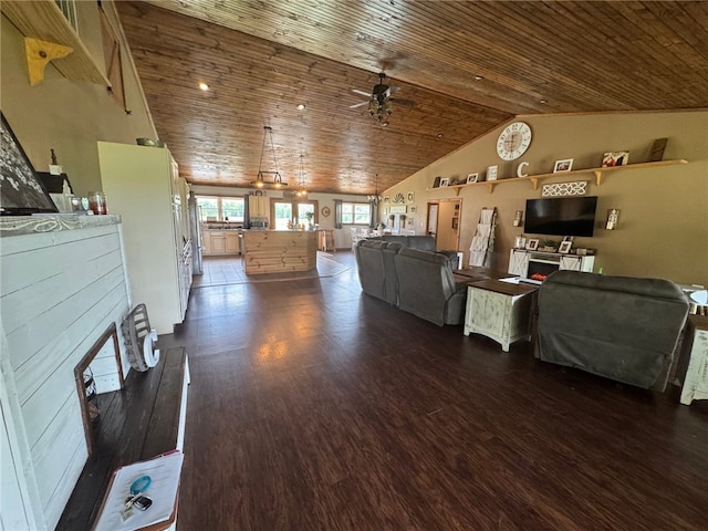 6414 300th Rd, Martinsville, IL 62442 - living area featuring wooden ceiling, dark wood-type flooring, a ceiling fan, and vaulted ceiling