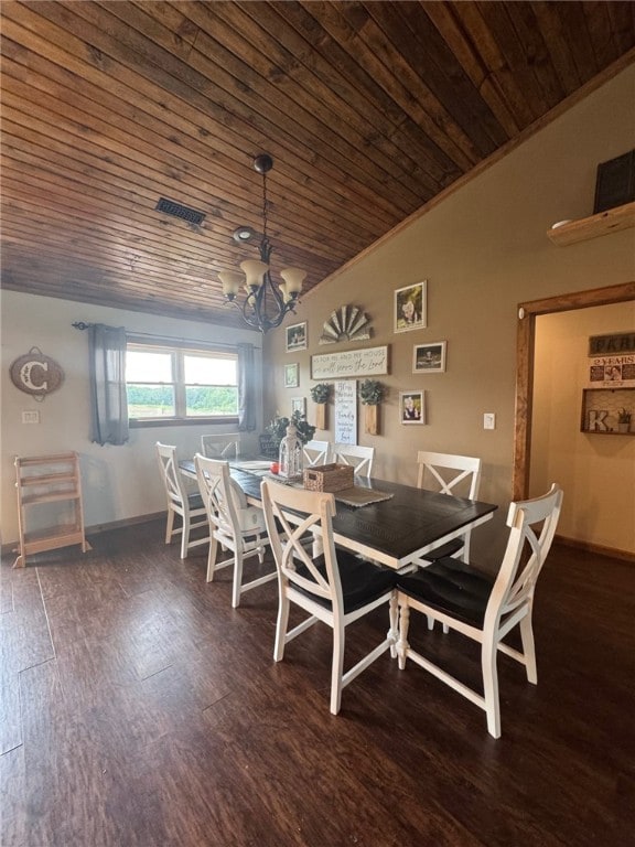 6414 300th Rd, Martinsville, IL 62442 - dining area featuring wooden ceiling, vaulted ceiling, a chandelier, wood finished floors, and baseboards