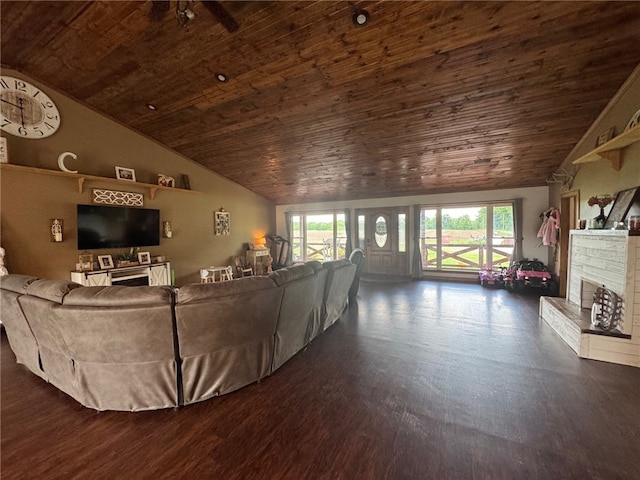 6414 300th Rd, Martinsville, IL 62442 - living area featuring wood ceiling, vaulted ceiling, a brick fireplace, and dark wood-style flooring