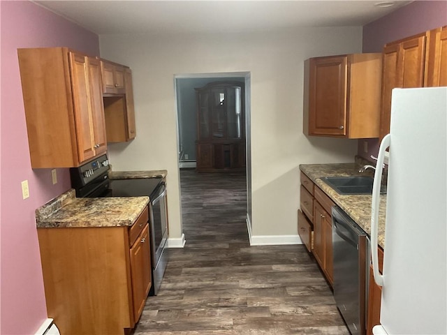 kitchen with dark hardwood / wood-style flooring, stainless steel dishwasher, sink, white fridge, and black range with electric stovetop