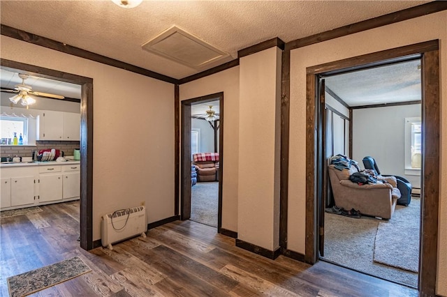 hall with a textured ceiling, dark wood-type flooring, and a sink