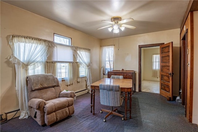 carpeted dining room with a ceiling fan and a baseboard radiator