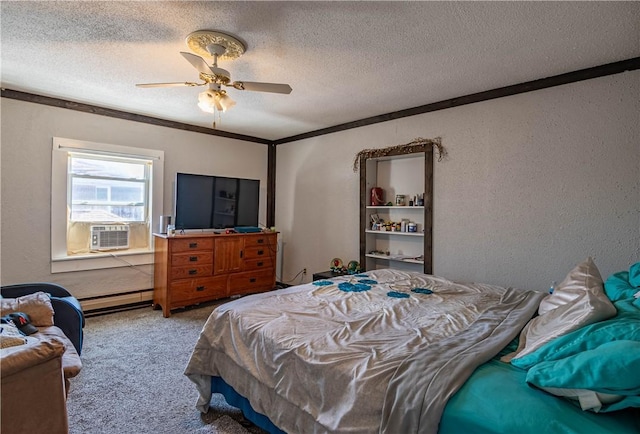 bedroom featuring carpet flooring, baseboard heating, a textured ceiling, and crown molding