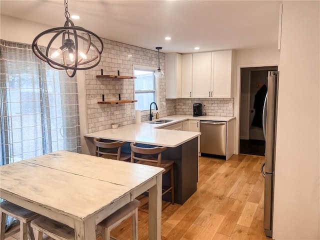 kitchen featuring stainless steel appliances, tasteful backsplash, white cabinets, a sink, and a peninsula