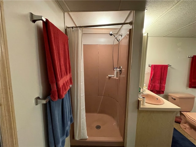 bathroom with toilet, vanity, and walk in shower