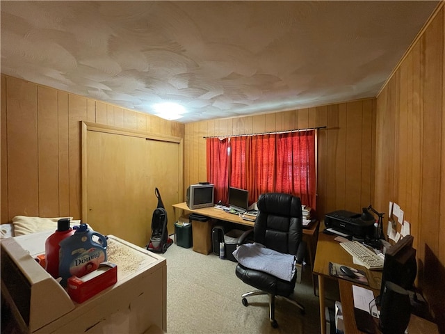 office area with wooden walls and carpet