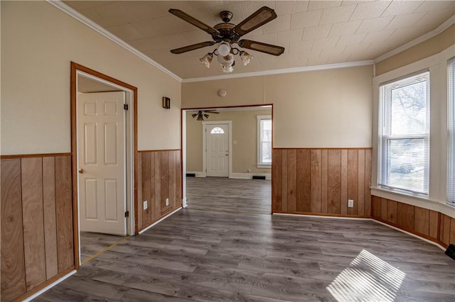 spare room featuring dark wood-style floors, wainscoting, wood walls, and a healthy amount of sunlight