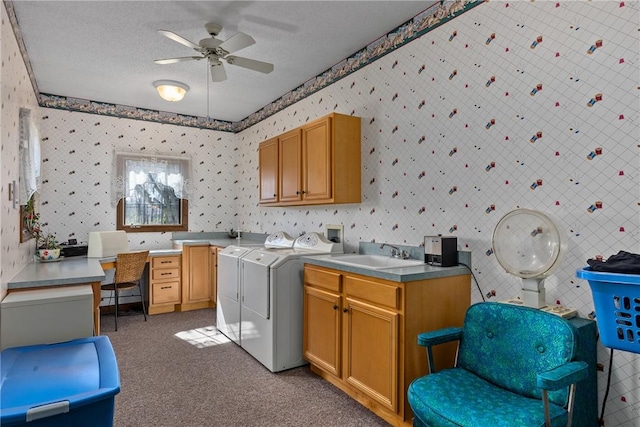 11284 E Lincolnshire Ln, Effingham, IL 62401 - washroom with cabinet space, wallpapered walls, ceiling fan, washer and dryer, and carpet floors