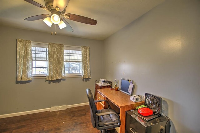 8070 Cerro Gordo Blacktop, Oakley, IL 62501 - office space with baseboards, visible vents, ceiling fan, and dark wood-style flooring