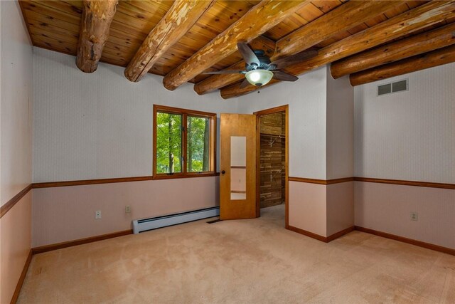5446 N 1700th St, Dieterich, IL 62424 - unfurnished room featuring a baseboard radiator, a wood ceiling with exposed beams, ceiling fan, and carpet