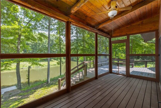 5446 N 1700th St, Dieterich, IL 62424 - unfurnished sunroom featuring a ceiling fan, plenty of natural light, and a water view