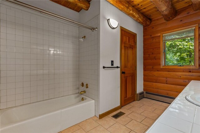5446 N 1700th St, Dieterich, IL 62424 - bathroom with a wood ceiling with exposed beams, tile patterned floors, baseboard heating, vanity, and bathtub / shower combination