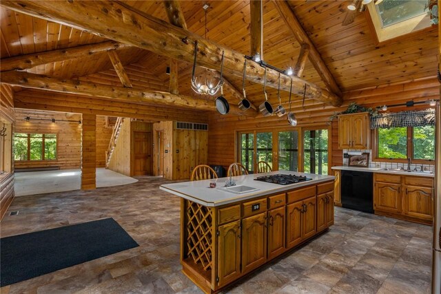 5446 N 1700th St, Dieterich, IL 62424 - kitchen featuring black appliances, a wood ceiling with exposed beams, healthy amount of natural light, light countertops, and a center island