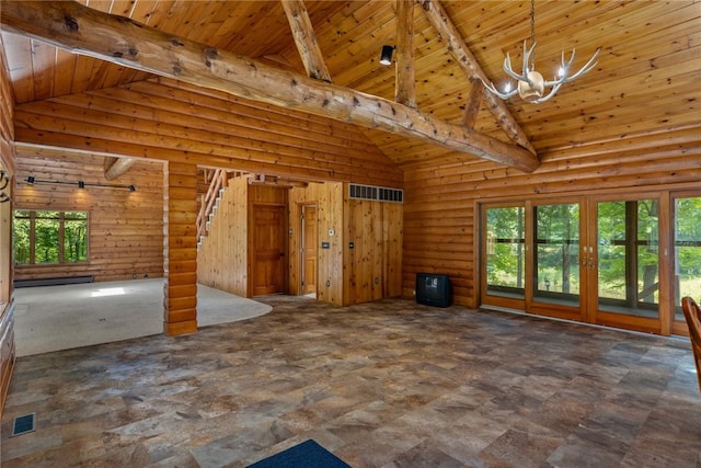 5446 N 1700th St, Dieterich, IL 62424 - unfurnished living room featuring a wood ceiling with exposed beams, high vaulted ceiling, and french doors