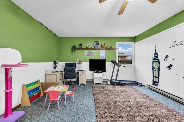 playroom with a baseboard radiator and ceiling fan