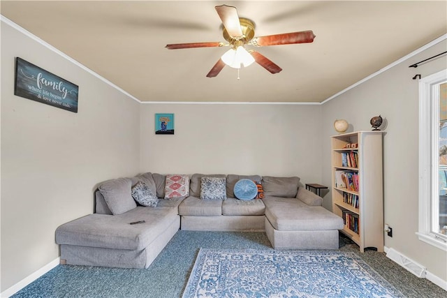 carpeted living room with ceiling fan, ornamental molding, visible vents, and baseboards