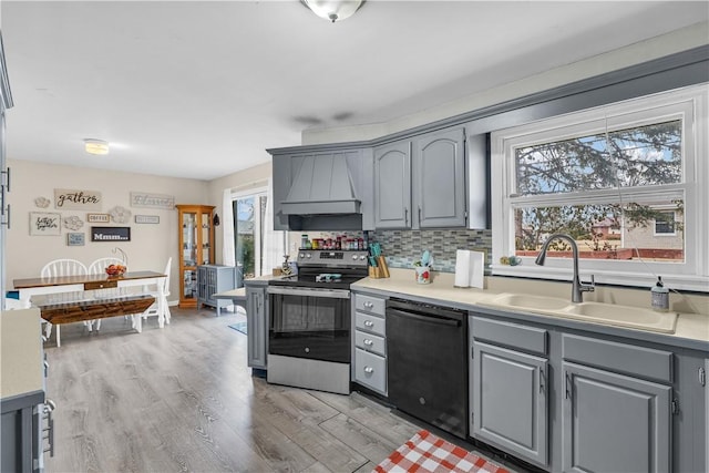 kitchen with gray cabinetry, electric range, a sink, custom exhaust hood, and dishwasher