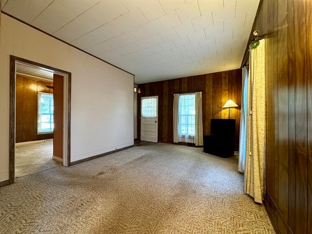 carpeted empty room with wooden walls