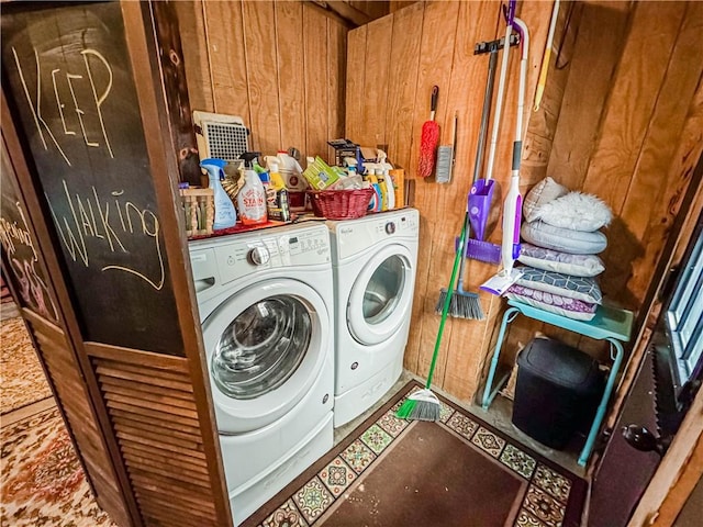 10 Rose Ln, Marshall, IL 62441 - laundry area featuring washer and dryer and wood walls