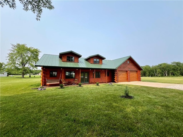 67 Shores, Sullivan, IL 61951 - cabin with a garage, concrete driveway, a front yard, log siding, and covered porch