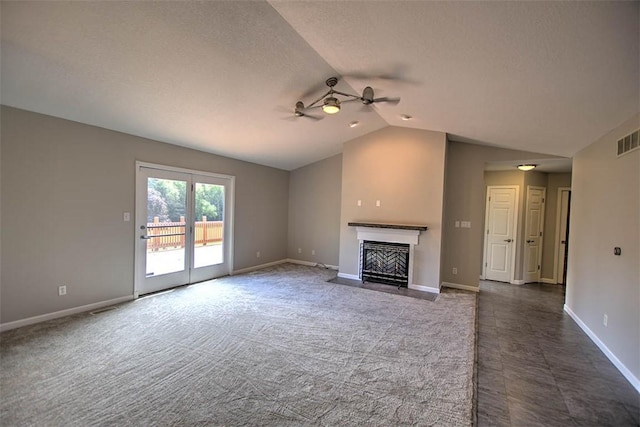 8898 Country Side Dr, Dalton City, IL 61925 - unfurnished living room featuring ceiling fan, vaulted ceiling, and a fireplace with flush hearth