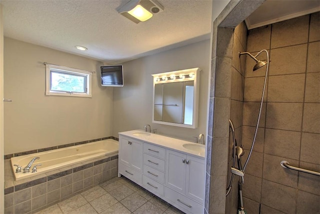 8898 Country Side Dr, Dalton City, IL 61925 - bathroom with double vanity, a bath, tile patterned floors, a textured ceiling, and a tile shower