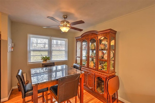 dining area with ceiling fan and light hardwood / wood-style floors