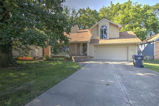 664 N Antler Dr, Mt Zion, IL 62549 - view of front facade featuring driveway, a front lawn, an attached garage, roof with shingles, and a chimney