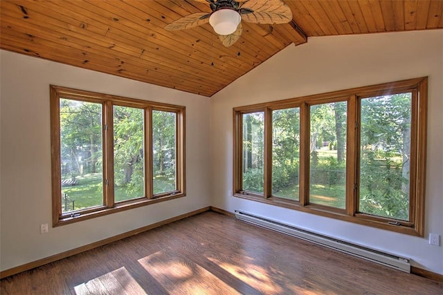 664 N Antler Dr, Mt Zion, IL 62549 - empty room with baseboard heating, plenty of natural light, a ceiling fan, and wood ceiling
