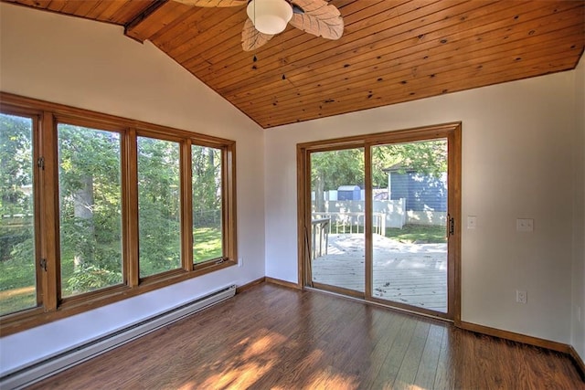 664 N Antler Dr, Mt Zion, IL 62549 - empty room with a baseboard radiator, a ceiling fan, dark wood finished floors, and wooden ceiling
