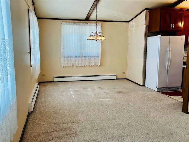 unfurnished dining area featuring crown molding, a notable chandelier, and baseboard heating