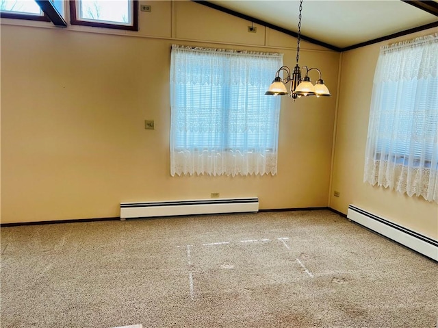 empty room featuring baseboards, a baseboard heating unit, vaulted ceiling, and a chandelier