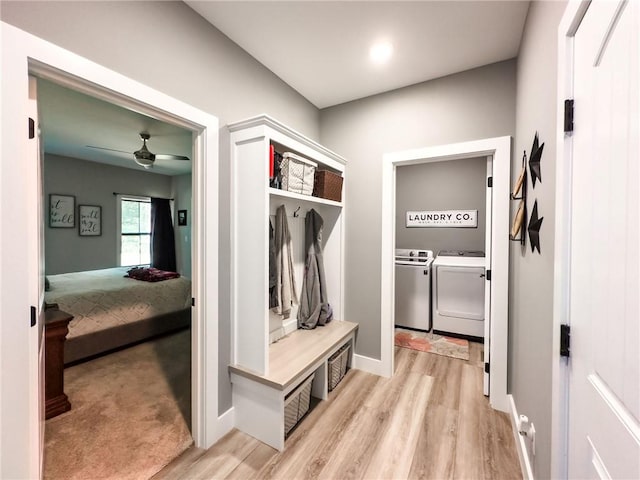 3 Wood Ridge Ln, Marshall, IL 62441 - mudroom with washer and dryer, light wood finished floors, and a ceiling fan