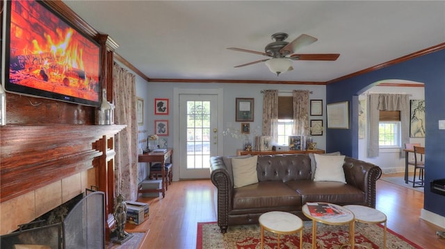 living room featuring light wood-type flooring, ceiling fan, and a healthy amount of sunlight