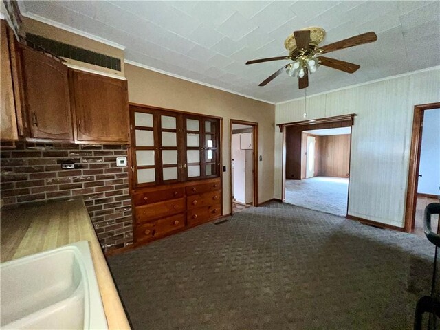 kitchen with crown molding, sink, carpet, and ceiling fan