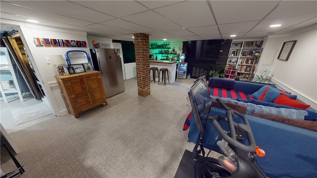 1805 N Gilbert St, Danville, IL 61832 - playroom featuring a fireplace, ornate columns, recessed lighting, a paneled ceiling, and carpet