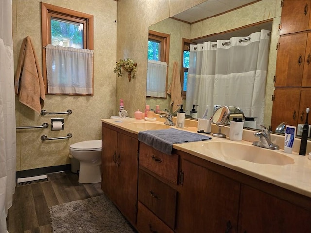 14317 N 920 E Rd, Fairmount, IL 61841 - bathroom with wood finished floors, double vanity, and wallpapered walls