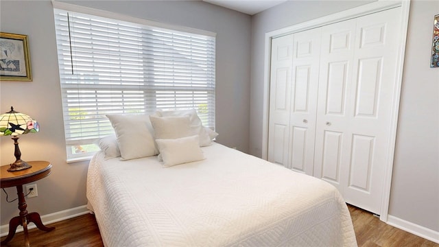 bedroom with baseboards, multiple windows, a closet, and wood finished floors