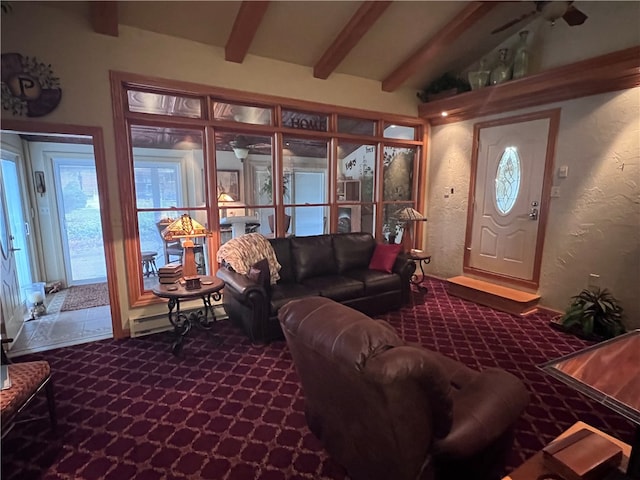 carpeted living room with vaulted ceiling with beams