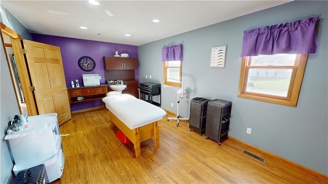 bedroom featuring multiple windows and light wood-type flooring