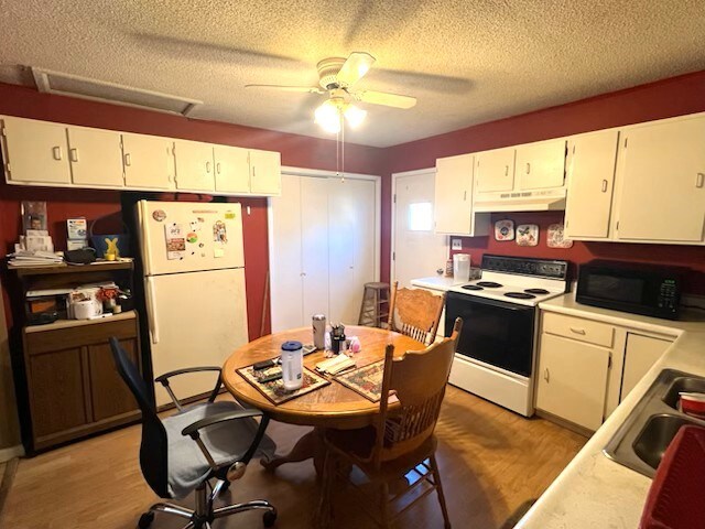 700 E Gordon Ave, Effingham, IL 62401 - kitchen with electric stove, a sink, under cabinet range hood, freestanding refrigerator, and black microwave